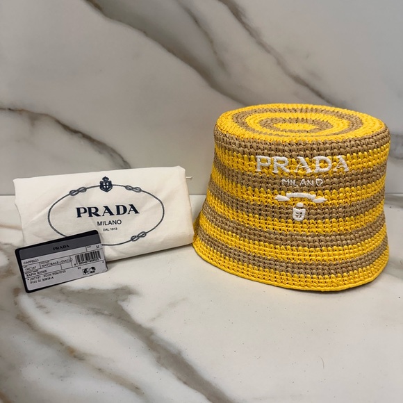 Prada Vibrant Yellow and Tan Crochet Hat - Picture 1 of 2